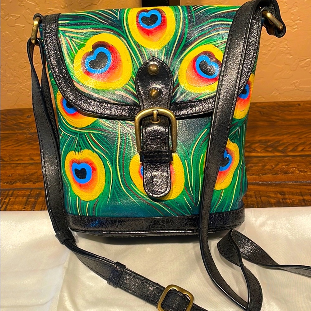 Sharif Artisan Hand Painted Peacock Feather Crossbody Bag Like New!